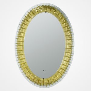 Mirror by Cristal Art, Italy c. 1960. Wheel engraved and gilded feather motif bordered by clear glass